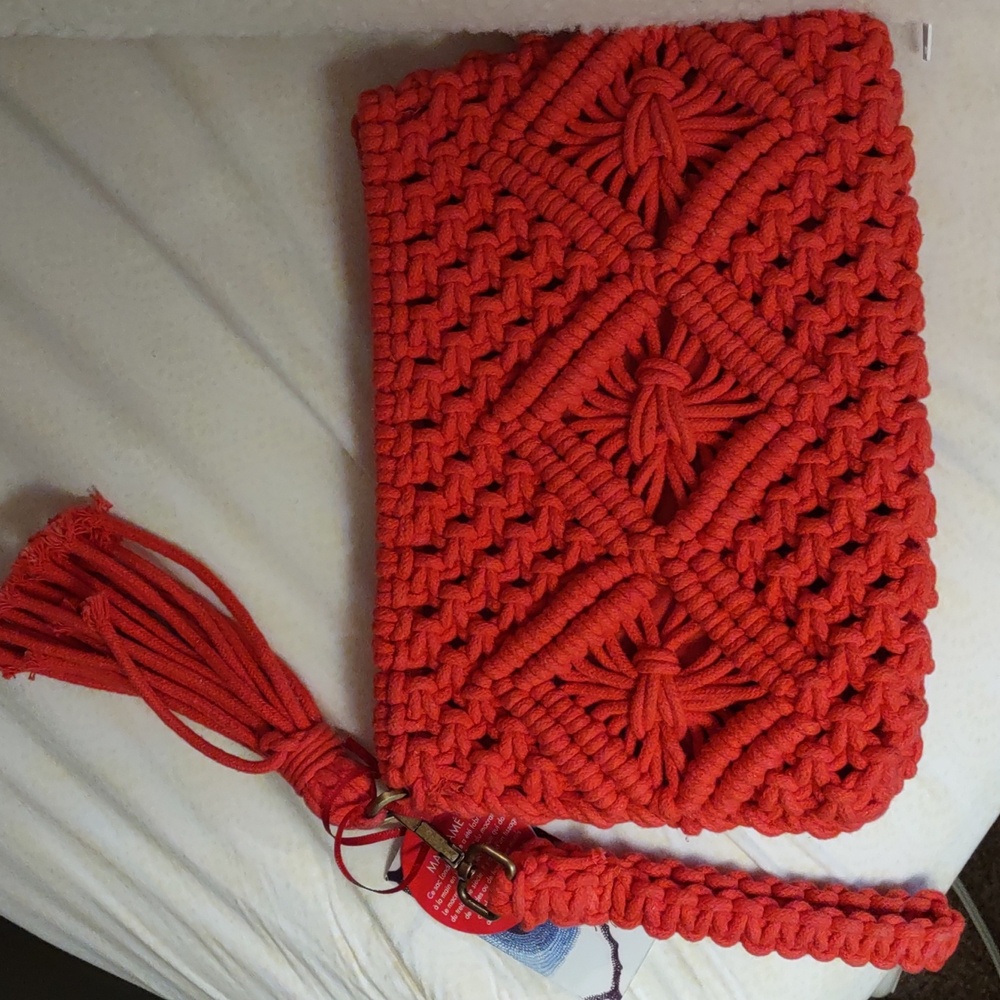 London Kaye Coral Color Macrame Wristlet Bag